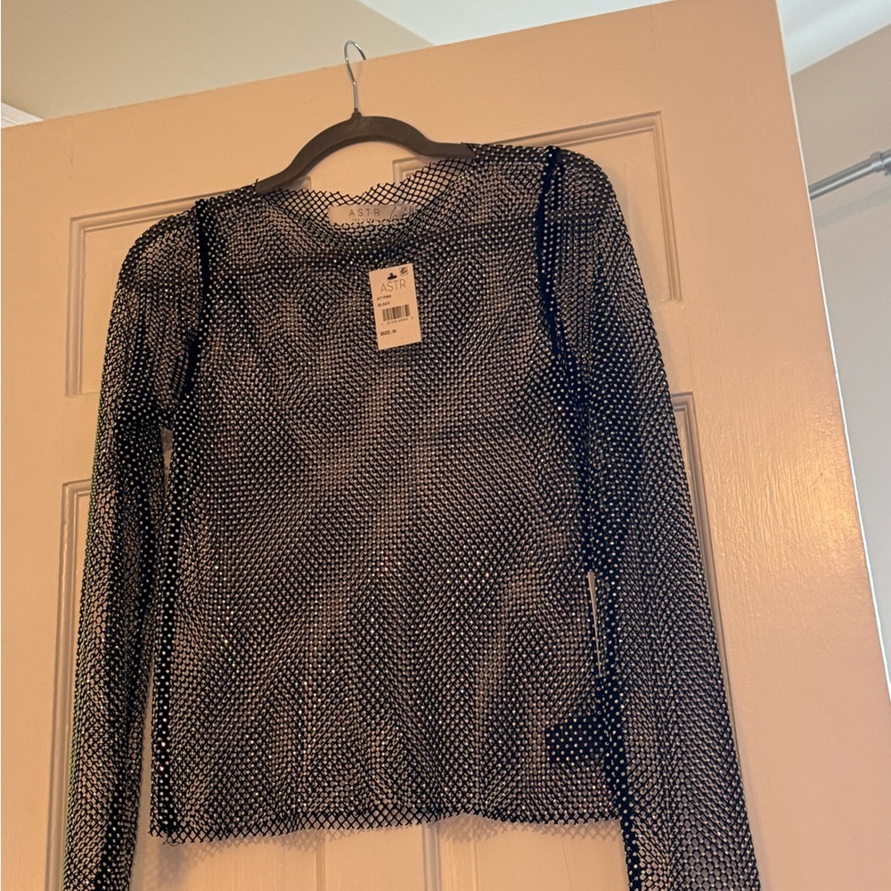 Astr Navy Mesh Long Sleeve Top